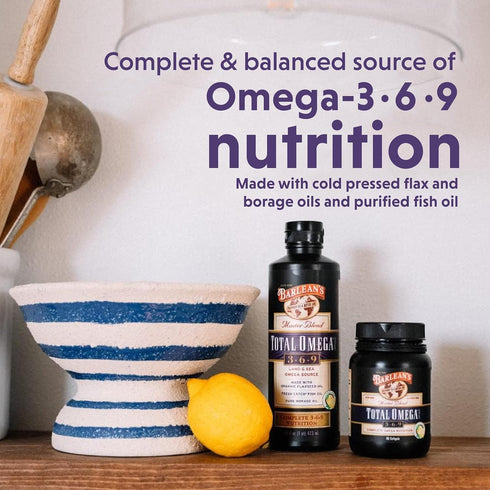 Barlean's Total Omega 3 6 9 Fish Oil Supplement Softgels Blended with Borage and Flaxseed Oil - 1,000 mg Omegas ALA,