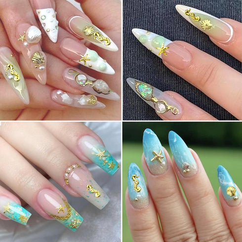 Summer Nail Charms, 3D Beach Seashell Starfish Gold Gems for Ocean Theme Manicure Decoration Supplies