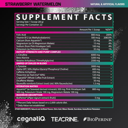 OUTLIFT Amped Max Dosed HIGH STIM Pre Workout Powder, 6G Citrulline, 3.2G Beta Alanine, Strawberry Watermelon (22