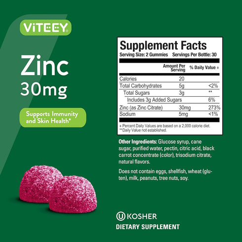 Zinc Gummies for Adults & Teens - 30mg Immune Health Support, Vegan, Gelatin Free, Chewable Berry Flavored
