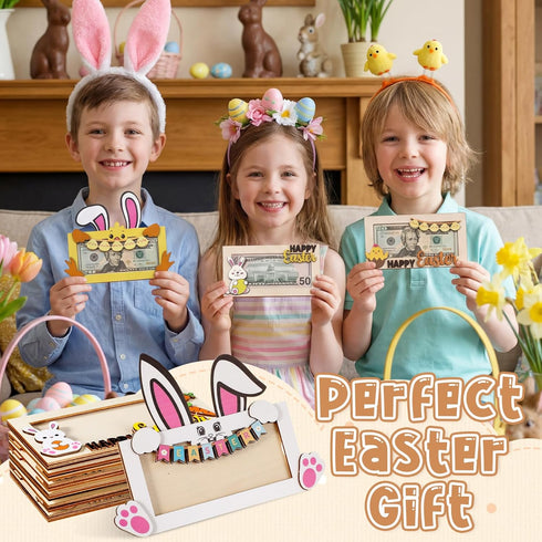 Yeyeplum 8 Set Pcs Easter Bunny Money Holder Wooden Money Holders Cash Gift Holder with Bunny Egg Chick Designs Box