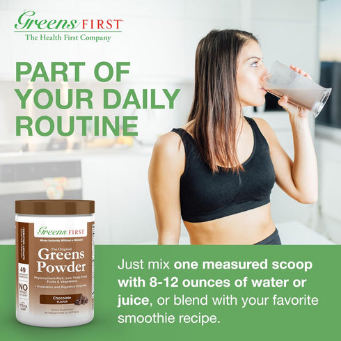 Greens First - Chocolate - 30 Servings Superfood Powder with 49 Superfoods, Antioxidant Smoothie Mix, Vegan