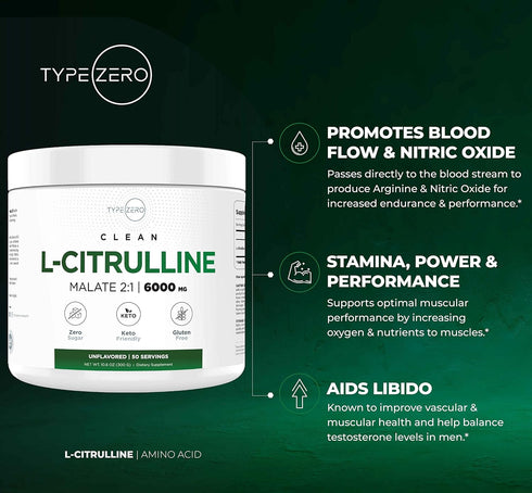 Type Zero L-Citrulline Malate Powder 2:1 (300g | 6000mg Per Serving | Unflavored): Ultra Clean Nitric Oxide Booster