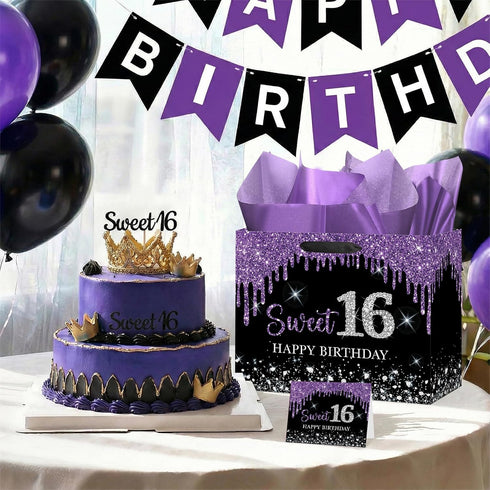 Yoirrat 16 16th Sweet Gift Bag with Wrapping Tissue Paper & Card Large Purple Black Glitter Happy Birthday Gift Bags