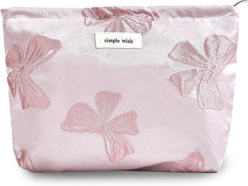 Makeup Bag Cosmetic Bag, Preppy Canvas Toiletry Organizer for Women, Cute Zipper Pouch (Medium Pink Bow)