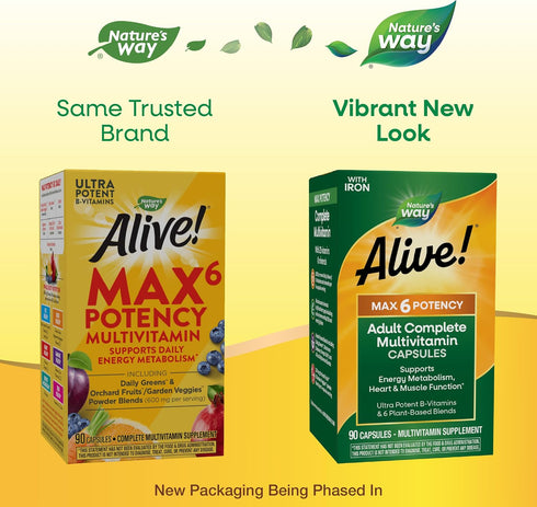 Max6 B12 90 (Packaging Nature's Way Alive! Potency Adult Complete Multivitamin, with Iron, Vitamins A, C, E