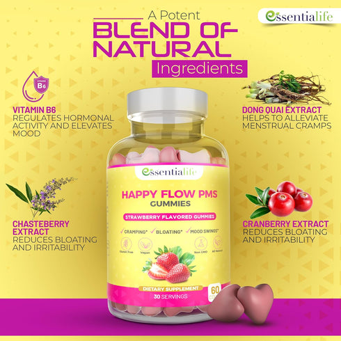 PMS Gummies - Happy Flow PMS Support Supplement for Women - Strawberry PMS Relief Supplement with Vitamin B6 for
