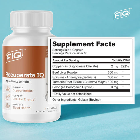 FIQ - Recuperate IQ - 5-in-1 Copper Supplements with Copper Bisglycinate, Easy-to-Swallow 2 mg Capsules, 60 Capsules