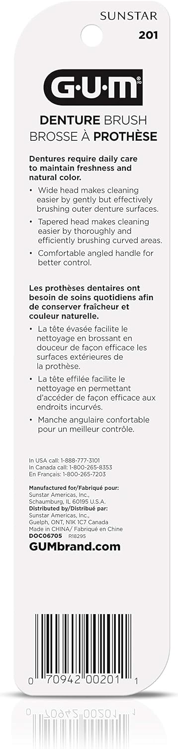 GUM Denture Brush - Dual Headed Hard Bristle Toothbrush for Dentures & Acrylic Retainers, Dentist Recommended Cleaner