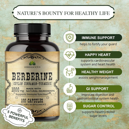 Berberine Capsules with Ceylon Cinnamon & Turmeric, Non GMO Dietary Supplement for Immune Support, 1000mg
