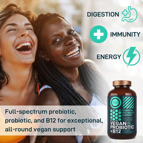 Vegan Probiotic Plus B12 - 22 Billion CFU Synbiotics for IBS, Digestive & Gut Health, Mood Support - 60 Gluten-Free