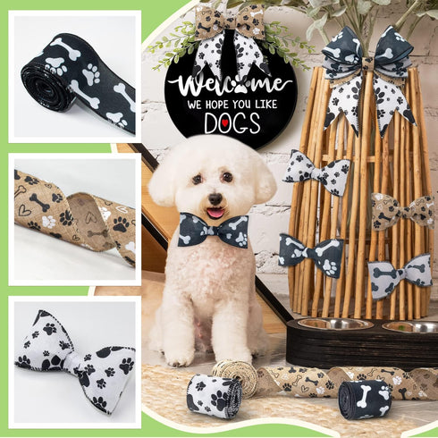 Dog Ribbon Paw Print 5 Rolls Wired Edge Ribbon 2.5 Inch 25 Yards Burlap for Crafts Party Home Wedding Gift Decor