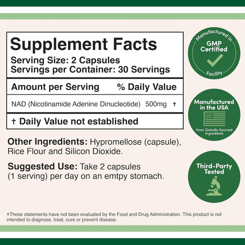 NAD Supplement (500mg of 95% Pure NAD+ Per Serving, 30 Day Supply) NAD Booster Similar to Nicotinamide Riboside (Third Party Tested, Vegan Safe, Non-GMO) by Double Wood