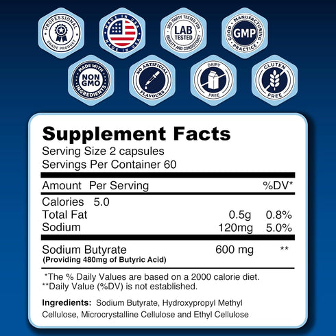 Extended Release Sodium Butyrate Postbiotic - 120 capsules, 300mg per Capsule - Short Chain Fatty Acid, Independently