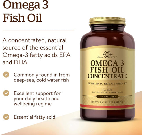 Solgar Omega-3 Fish Oil Concentrate - 240 Softgels for Cardiovascular, Joint & Brain Health, Non-GMO, Gluten/Dairy Free