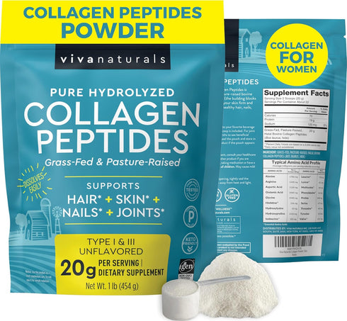 Viva Naturals Hydrolyzed Collagen Peptides Powder, 1 lb Unflavored Bovine Collagen for Women, Type I & III, Grass-Fed
