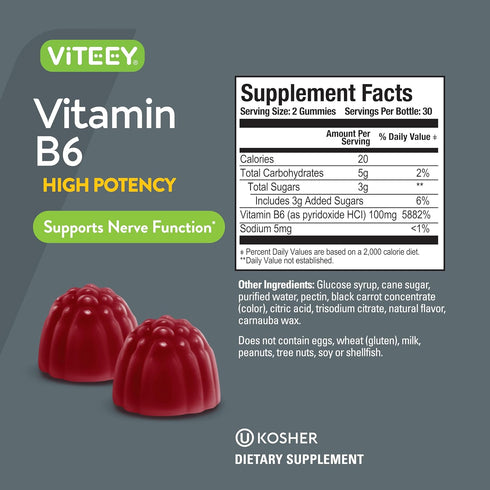 Vitamin B6 Gummies 100mg - Mood & Nerve Function Support for Adults & Teens - Vegan, Gluten Free, 60 Count