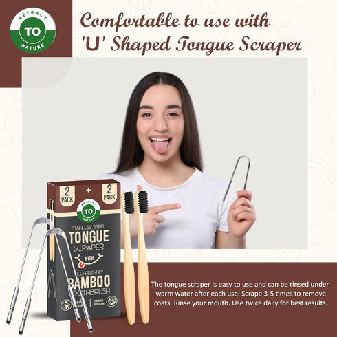 Eco-Friendly Tongue Scraper (2 Pack) with Bamboo Toothbrush (2 Pack) I Stainless Steel Cleaners for Fresher Breath.