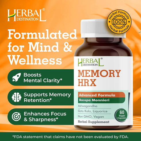 Herbal Destination 60 Memory Hrx - Brain Supplement Support Cognitive Function Improves Memory and Focus, Brain
