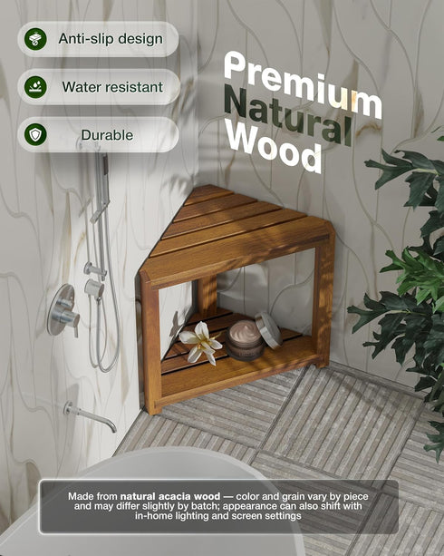 16.5" BLUEWEST Acacia Wood Corner Shower Stool, Wooden Corner Shower Bench for Shaving Legs Inside Shower, Waterproof