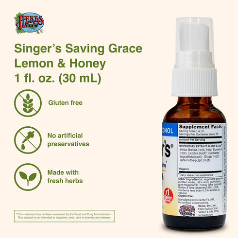 Herbs Etc. Singer's Saving Grace Lemon & Honey, Herbal Remedy Spray, 1 fl oz, Throat Relief