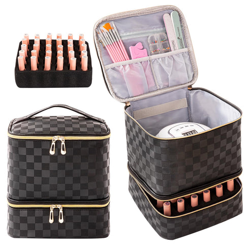Nail Polish Organizer Bag - Holds 30 Bottles & Nail Lamp, Gel Nail Polish Storage for Nail Tech Supplies (Checkerboard