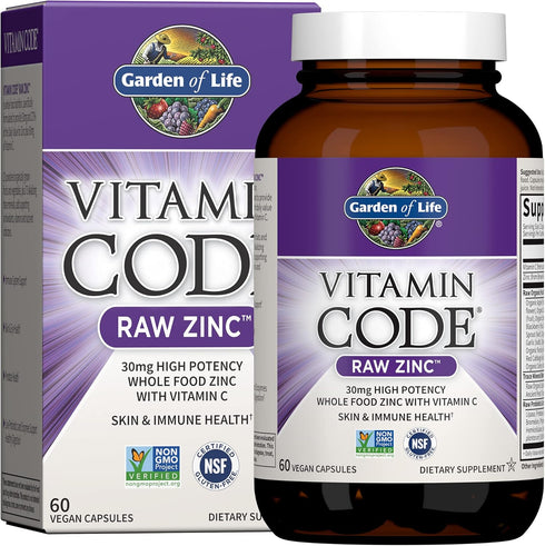 Garden of Life Zinc Supplements, 30mg High Potency, 60 Vegan Capsules - Vitamin C Multimineral for Skin Health