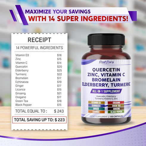 Quercetin 8000mg, Elderberry 6000mg, Turmeric 5000mg, Vitamin C 100mg, Zinc 50mg - Immunity Support, Made in USA