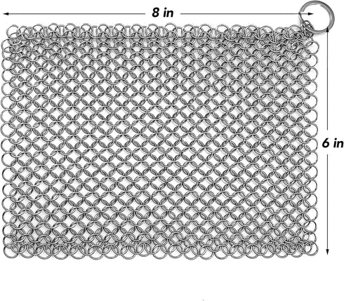Cast Iron Scrubber Chainmail Link Scraper 8"x6" - 316 Stainless Steel Skillet Cleaner for Pans & Grills