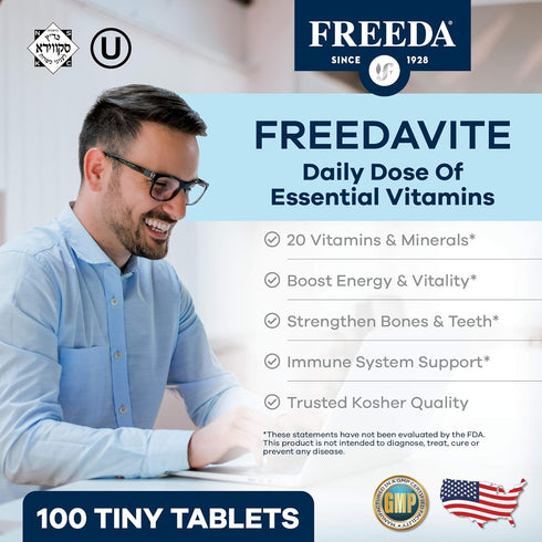 Freedavite Tiny Tablet - Moderate Multivitamin for Men and Women, 100 Count, Vitamins A, C, D, E, B1, B2, B6, B12