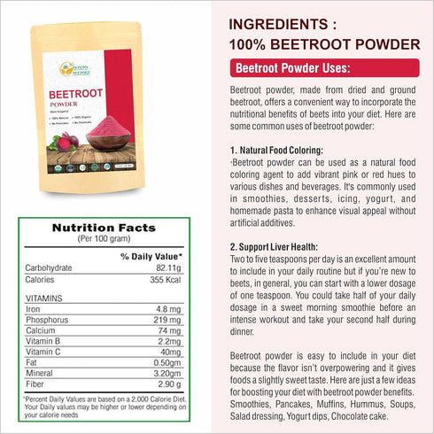 Beetroot Powder Organic for Baking and Smoothies | Nitric Oxide Suppement | Organic Beet Root Powder Boost Stamina and Increases Energy Gluten and GMO Free 5.3 oz / 150 gms
