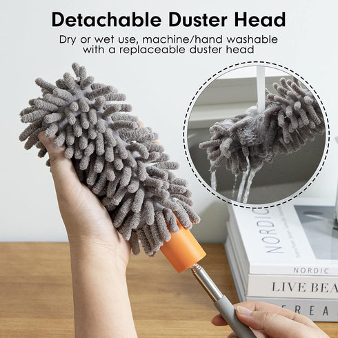 Tukuos Microfiber Duster for Cleaning, Hand Washable with 2pcs Replaceable Heads, Extendable Pole for Home Use