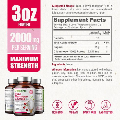 biophix Pure Mannose 100 Percent Powder, 2000 mg, 3 oz - Supports Urinary Bladder Tract Health