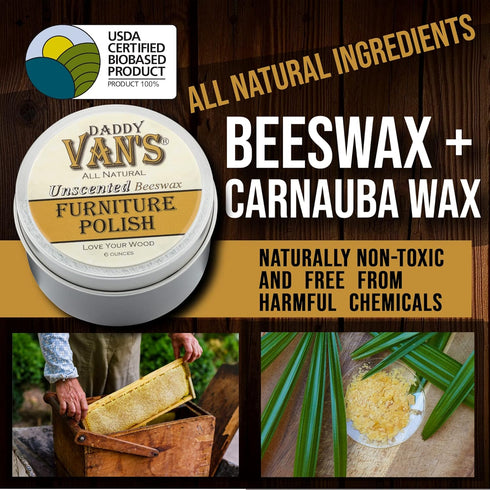 Daddy Van's All Natural Beeswax Furniture Polish, Unscented, Food-Safe Wood Wax for Furniture, Non-Toxic, Conditioning