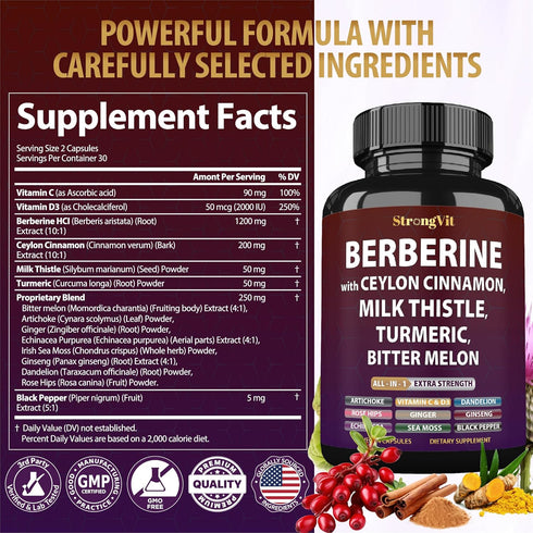 Immunity Berberine with Ceylon Cinnamon Supplement, Milk Thistle, Turmeric Bitter Melon for Digestion, & Entire Body