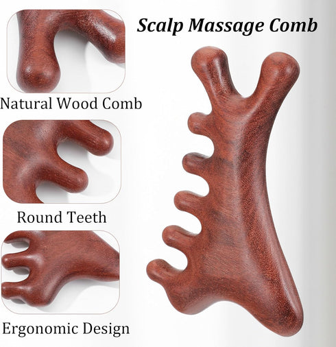 Yuanchu 4-in-1 Natural Sandalwood Gua Sha Massage Tool, Scalp Massager Comb for Head Face Eye Nose Body Stress Relief
