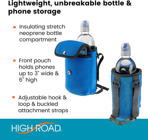 High Road Insulating Neoprene Bottle Holder and Phone Pocket - Unbreakable Cup Holder for Strollers, Scooters, Walkers