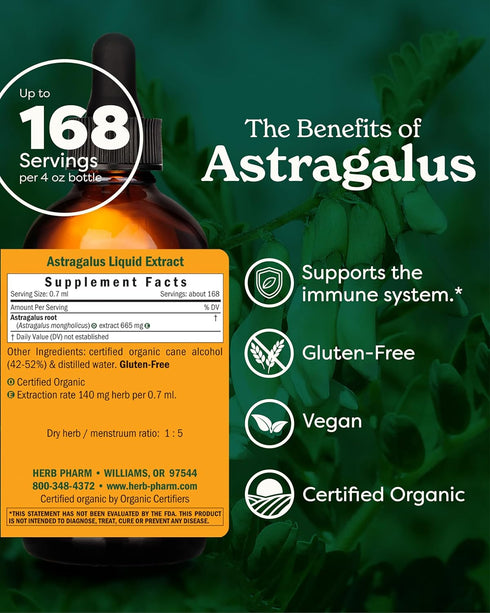 Immune 4 Herb Pharm Certified Organic Astragalus Liquid Extract for System Support - Ounce