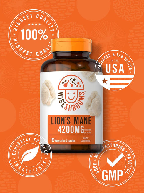 Carlyle Lions Mane Supplement Capsules 4200 mg | 150 Count | Vegetarian, Non-GMO, Gluten Free Wiseshrooms