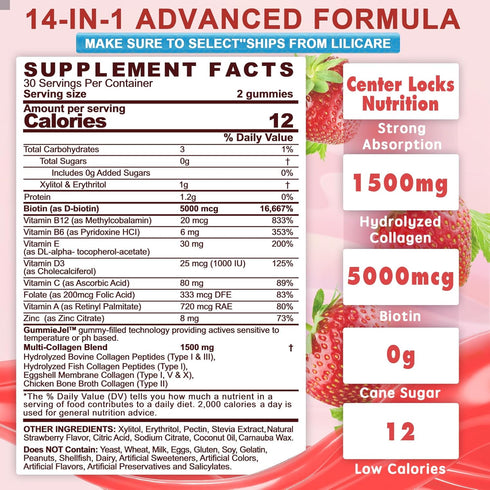 2Pack Sugar-Free Hydrolyzed Collagen Gummies - 1500mg Protein with 5000mcg Biotin & Vitamins for Skin, Hair & Energy