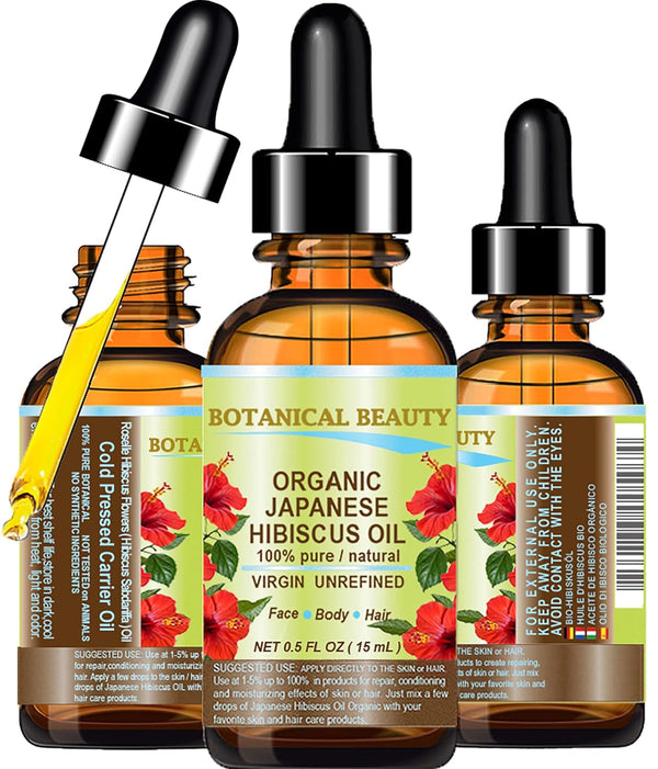 Organic HIBISCUS OIL, 100% Pure Natural Virgin Unrefined Cold Pressed for Face, Skin, Hair Growth (0.5 Fl. oz.)