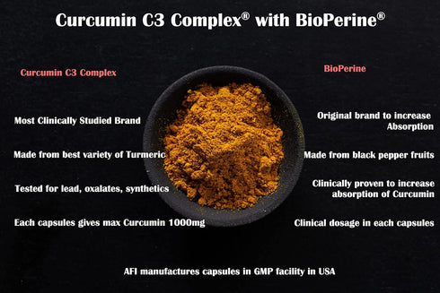 AFI Curcumin C3 Complex with BioPerine, 60 Veg Caps, Joint Health Support, Antioxidant, Turmeric 95% Curcuminoids,