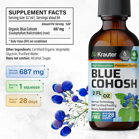 BIO KRAUTER Blue Cohosh Tincture - Caulophyllum Thalictroides Extract for Women’s Health Support, 2 Fl.Oz.
