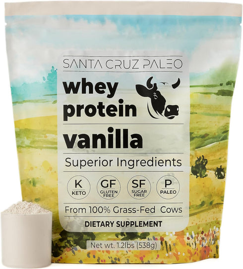 Santa Cruz Paleo Whey Protein Powder, Vanilla, 20g Grass Fed Whey Protein Isolate per Serving, Gluten Free, Keto, Sugar