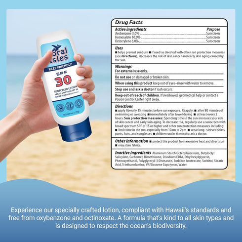 Sunscreen SPF 30, Hawaii Compliant Reef Safe, Broad Spectrum UVA/UVB Protection, 6 Fl Oz