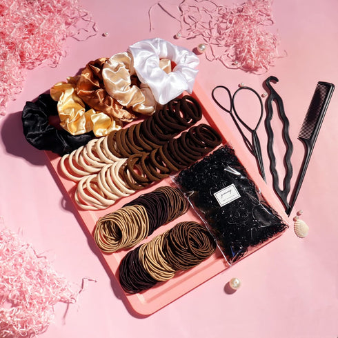 YANRONG 1159PCS Hair Accessories Set, Seamless Ponytail Holders, Variety Scrunchies for Thick Curly Hair, Brown