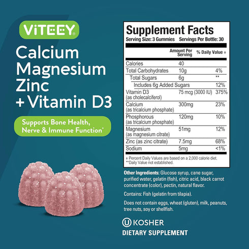 Calcium Magnesium Zinc Gummies with Vitamin D3 - Supports Bone Health, Nerve & Immune Function - Raspberry Flavored
