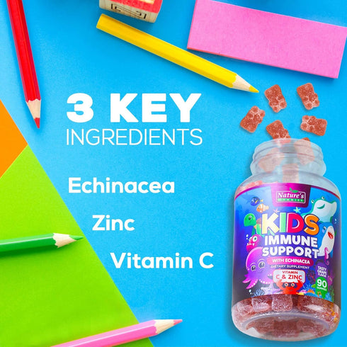Kids Immune Support Gummies with Vitamin C, Zinc & Echinacea, Vegan, Berry Flavor - 90 Gummies