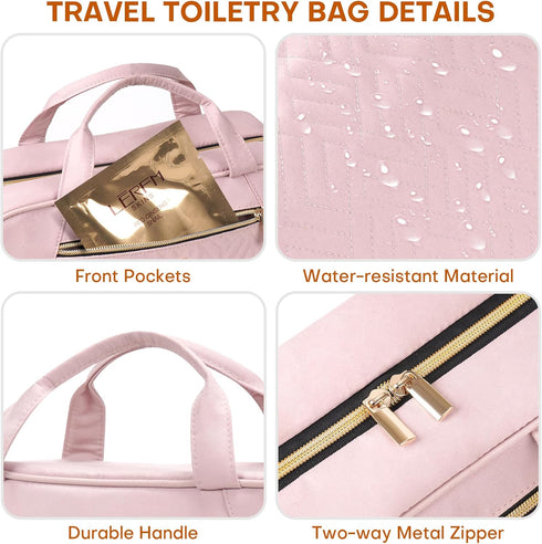 Women's Pink Travel Toiletry Bag - Hanging Makeup Organizer for Accessories and Full-size Containers