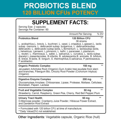Probiotics 120 Billion CFU-36 Strains + Organic Prebiotics Complex + Digestive Enzyme Complex + Fruit & Veggie Complex, Ultimate Gut Health Support! 120 Softgels 60 Day Supply